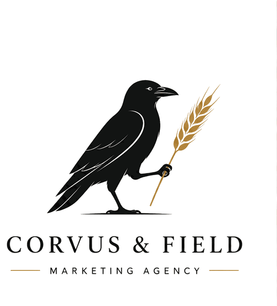 The Corvus & Field logo: a raven holding a stalk of wheat above the words Corvus & Field, Marketing Agency